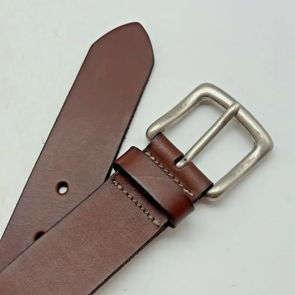 Polo Ralph Lauren Brown Leather Belt Men's 38 Solid Brass Silver Plated Buckle
